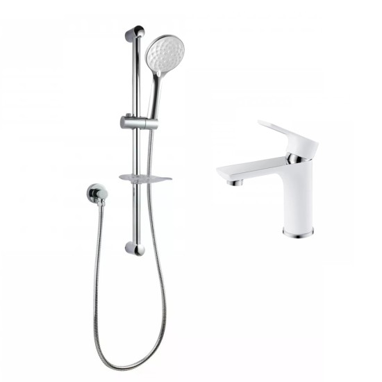 Round Chrome Shower Slider with Sliding Handpiece Holder & Soap Dish With Solid Brass White & Chrome Basin Mixer Tap Combo